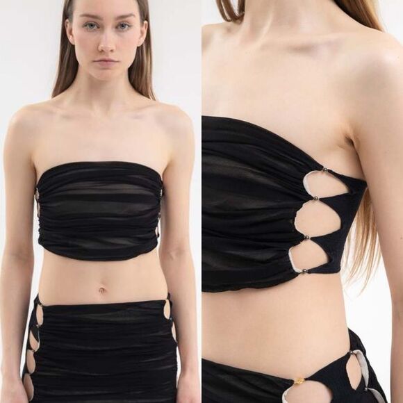 RUI Size L NWT ONYX Tube Top Beaded Pearl Cut Out Strapless Black Cream Stretchy - Picture 7 of 15